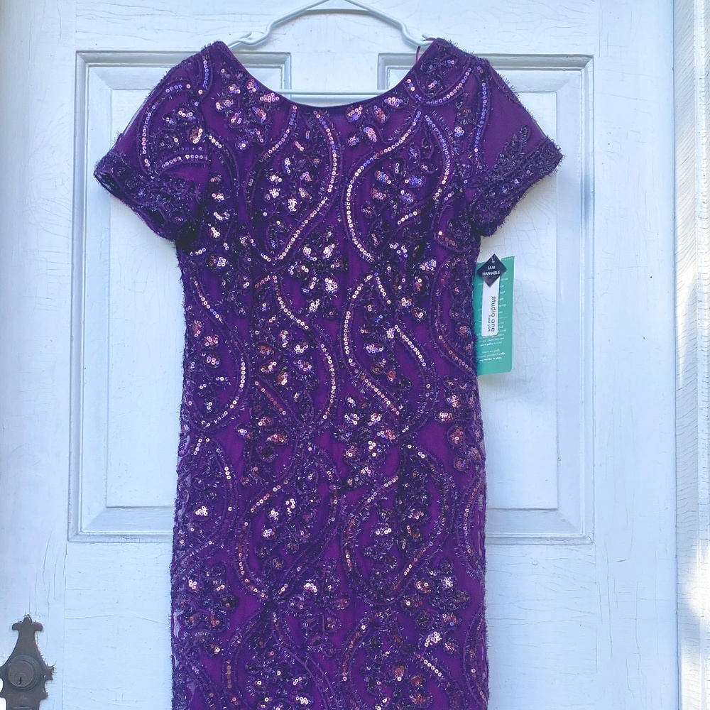 Cap sleeve purple holiday dress, size 10, NWT